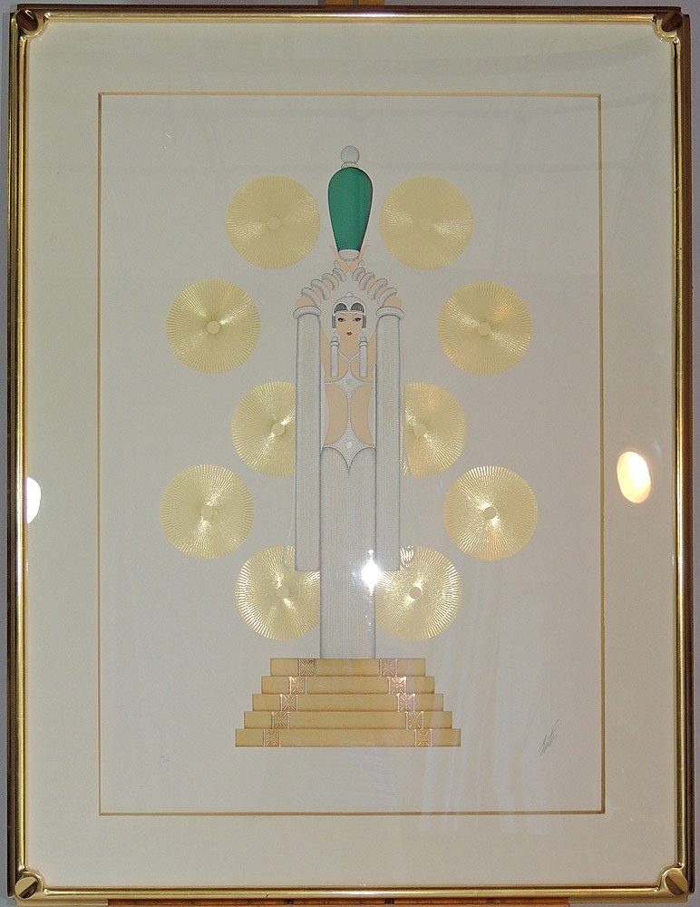 Erte Serigraph: Depicting and exotic, stylized Art Deco woman with green bottle. Signed lower right "Erte" and numbered 164/275. Framed. Image: 40" tall x 28" wide.