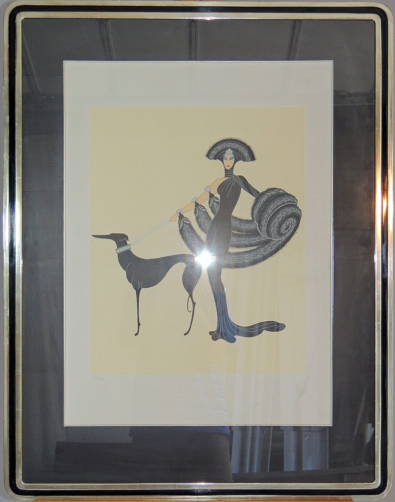 Erte Serigraph: Depicting a woman walking her dog. Signed lower right "Erte" and numbered, 246/300. Framed under plexiglass. Image: 21-1/2" tall x 17" wide.