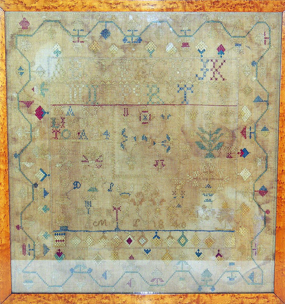 19th Century Silk on Linen Sampler: Dated 1840. In tiger maple frame. Image: 17-1/2" tall x 16-1/2" wide.