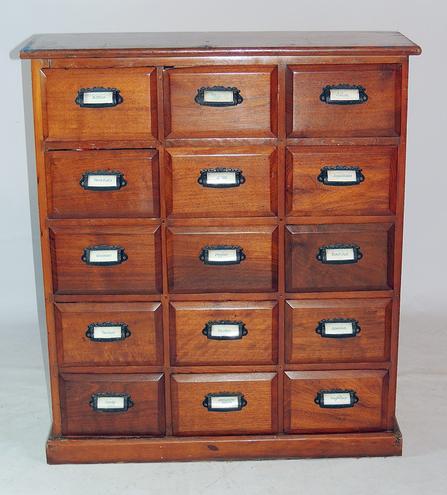Victorian Pine Apothecary Cabinet: 15 drawers with period cup pulls. 41" tall x 36" wide x 12-1/2" deep.