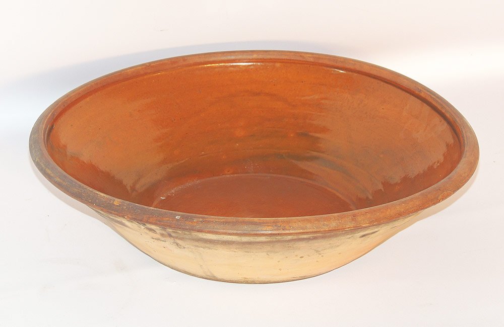Large Redware Mixing Bowl: 5-1/2" tall x 19-1/2" diameter.