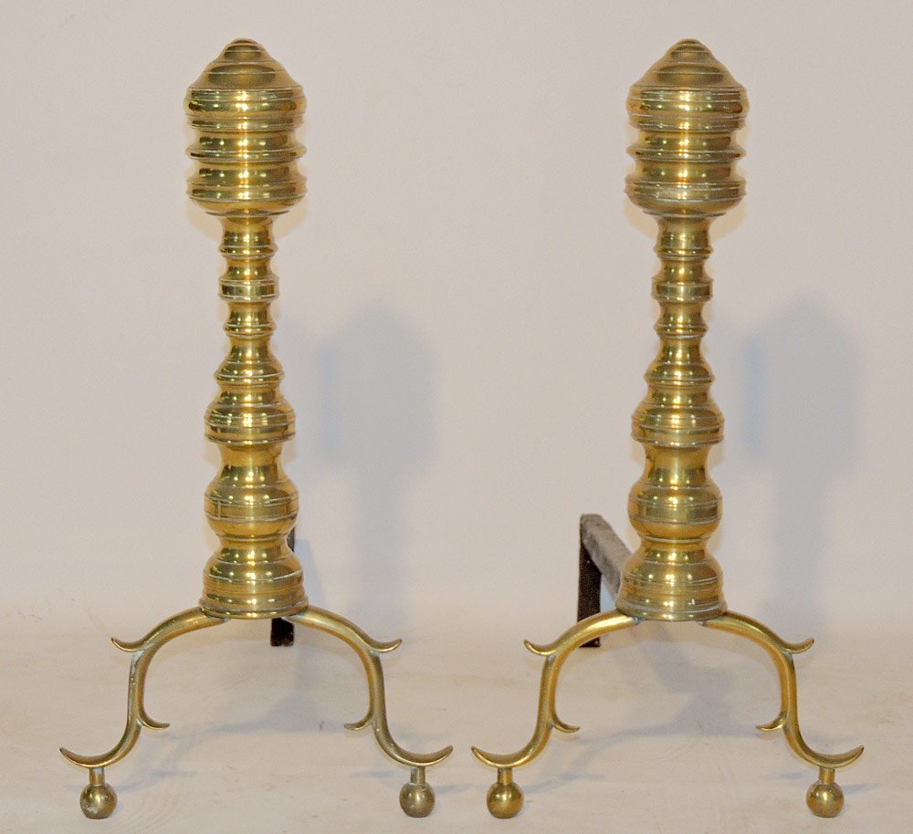 Pair of Federal Brass Andirons: Beehive finials. 22" tall.
