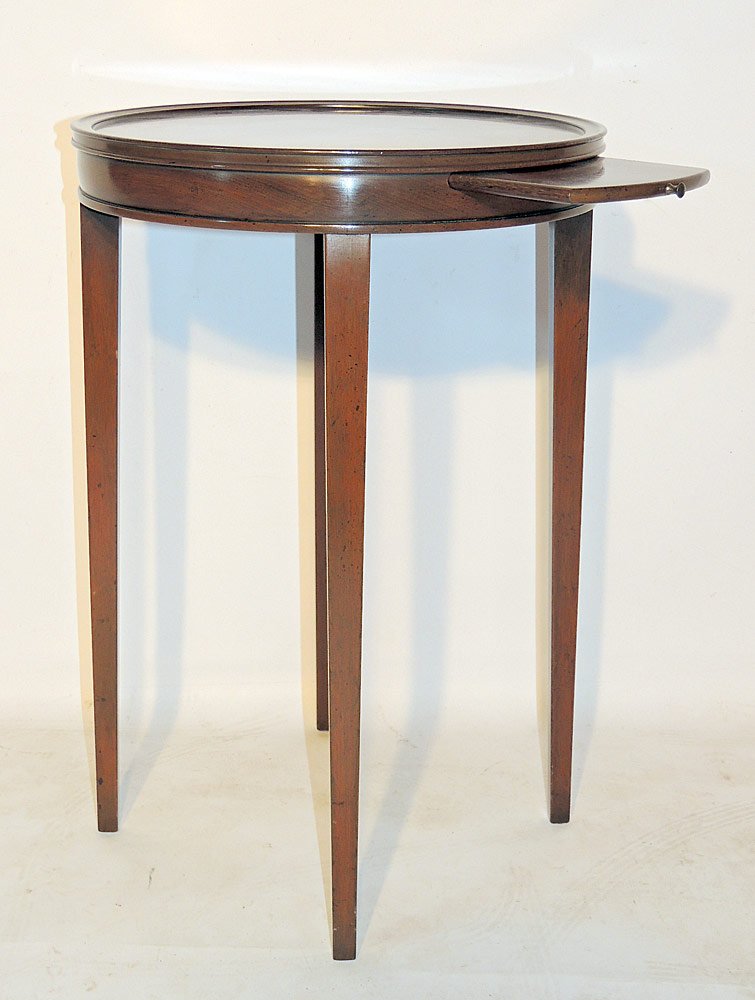 Kittinger Mahogany Wine Stand: With single slide-out tray. Circular top over tapered legs. 25" tall x 17" diameter.