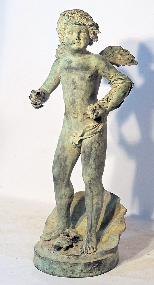 Cast Bronze Garden Fountain: Featuring a standing winged putti holding a shell, on a shell-form base with turtles. Unsigned. 46" tall.