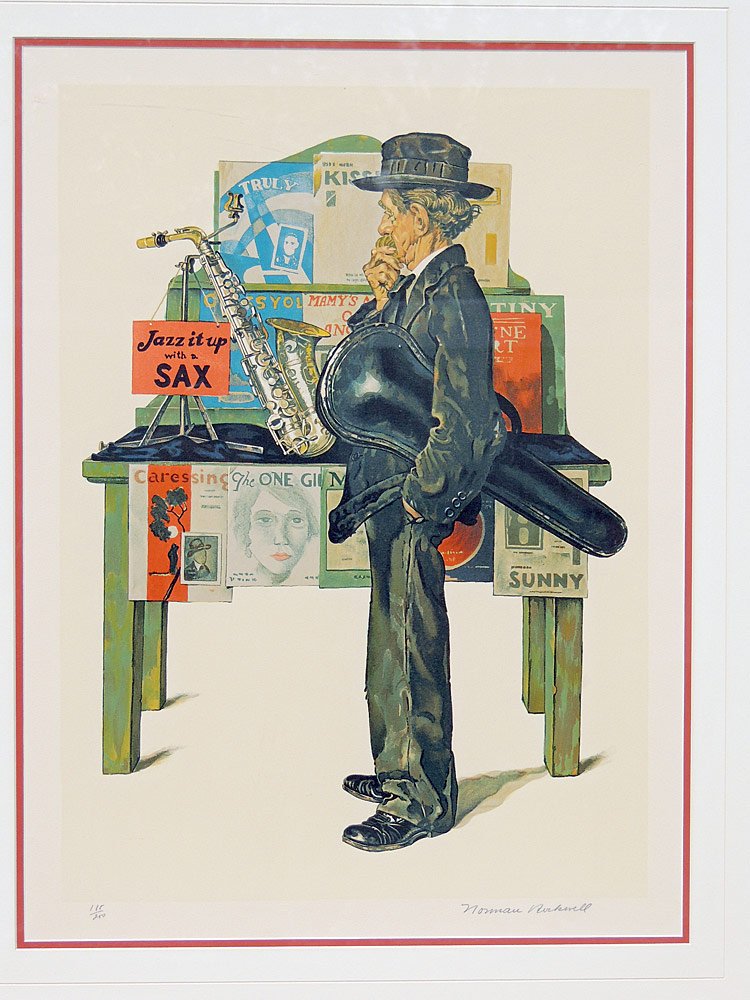 Norman Rockwell Lithograph: Norman Rockwell. Lithograph, "Jazz it Up". Saturday Evening Post cover. Pencil signed lower right and numbered 185/200. Framed under glass. Image: 26" tall x 19" wide.