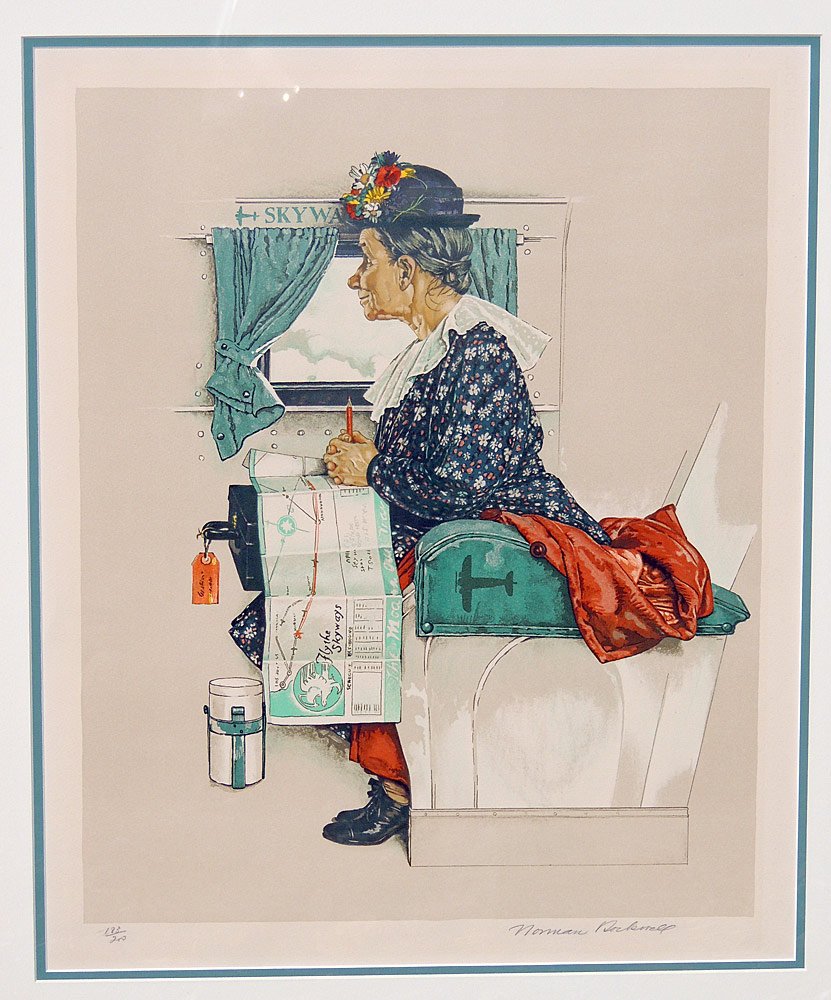 Norman Rockwell Lithograph: Norman Rockwell. Lithograph, "First Airplane Ride". Pencil signed lower right and numbered 183/200. Framed under glass. Image: 24-1/2" tall x 19" wide.