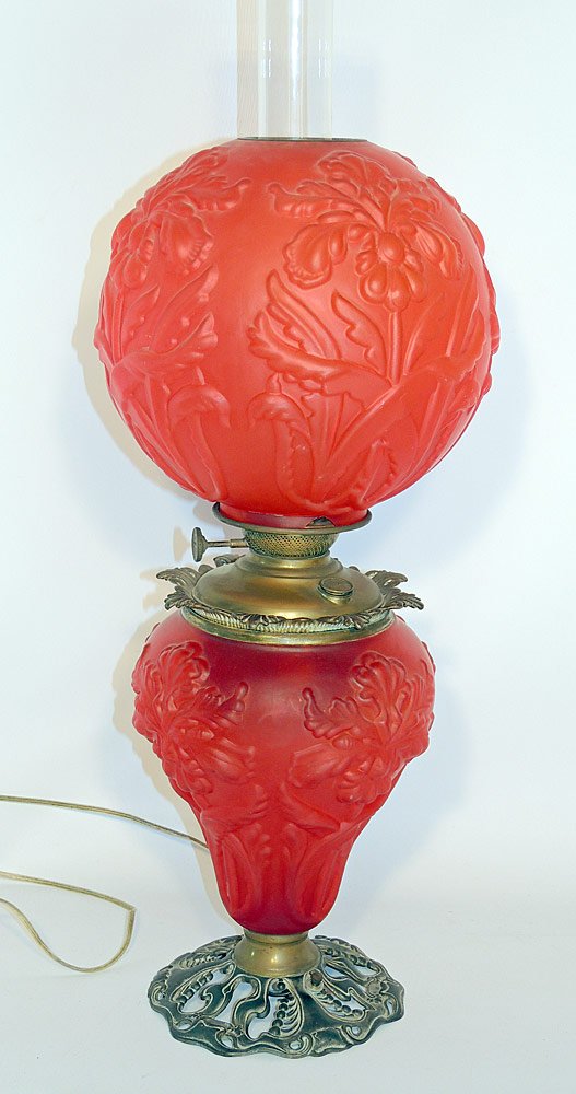Parlor Lamp: Pittsburgh Lamp, Brass, & Glass Co. parlor lamp with "Regal Iris" red satin glass font and ball shade. With Bradley & Hubbard filler cap. Electrified. 30" tall.