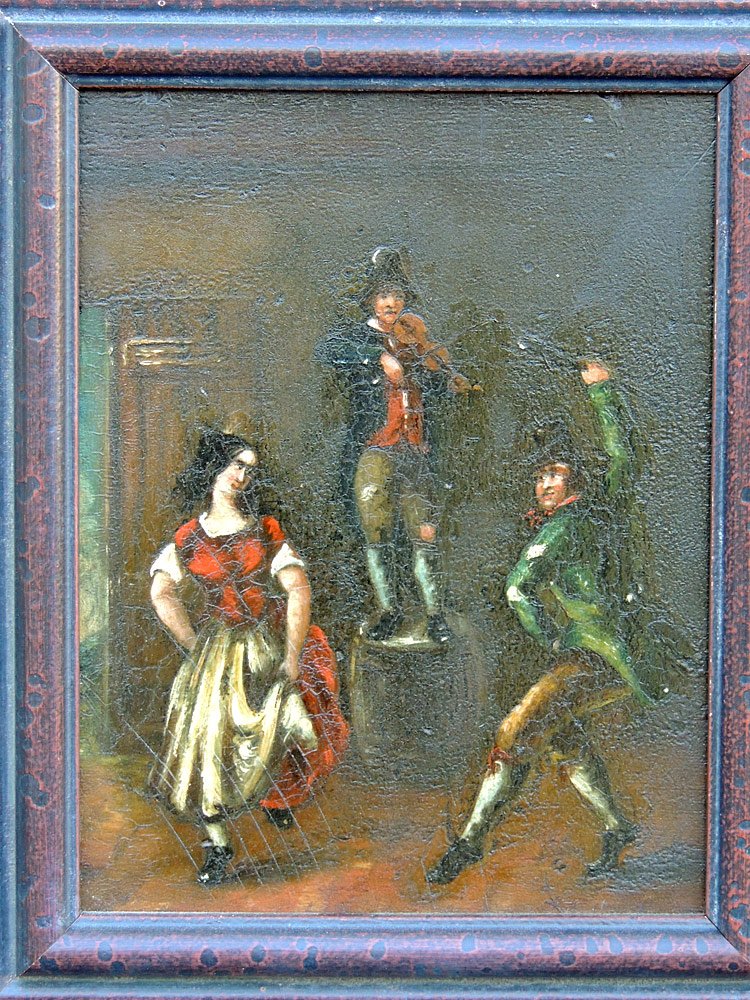 Continental School Oil on board Genre Scene: Genre tavern scene featuring a violinist and a dancing couple. Framed. 9" tall x 7" wide.