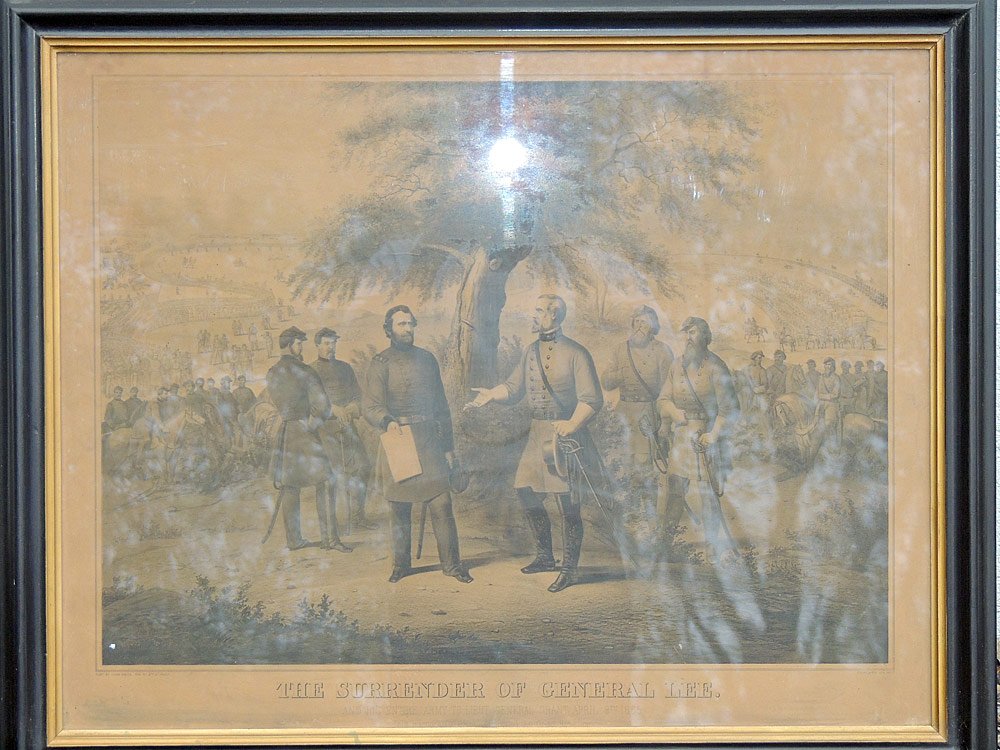 Civil War Engraving: Titled "The Surrender of General Lee". John Smith publisher. Framed under glass. Image: 21" tall x 27" wide.