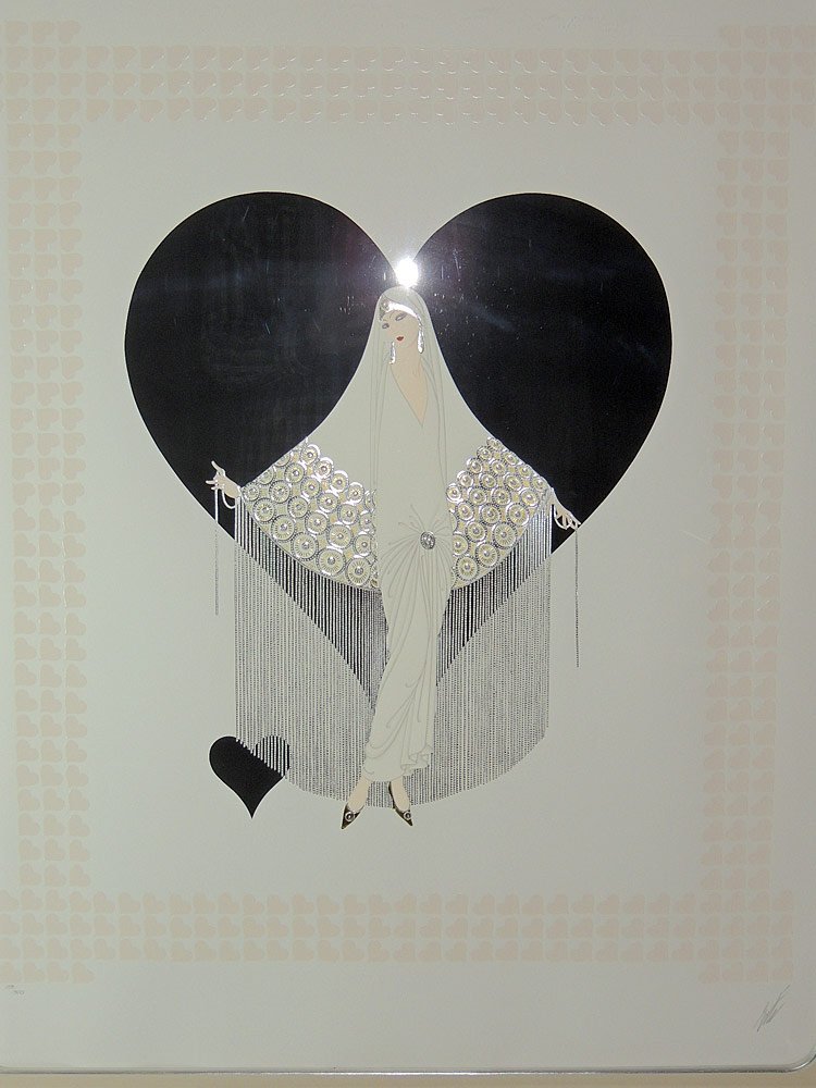ErtÃ© Serigraph, Fringe Bride: Printed in colors with folio heart collage. From the June Bride suite - Fringe Bride. Signed in pencil lower right "ErtÃ©", and numbered 153/300. Wth COA. Image: 37" tall x 30" wide.
