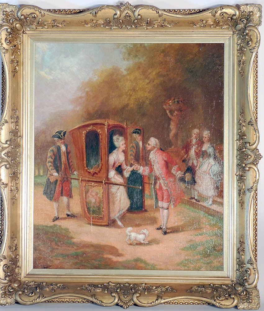 Contintental School. Oil on Canvas.: Continental school. Oil on canvas depicting a genre scene with a woman exiting her carriage to a welcoming noble. Signed lower left "Barton". In a carved gilt frame. Canvas: 25-1/2" tall x 21-1/2" wid