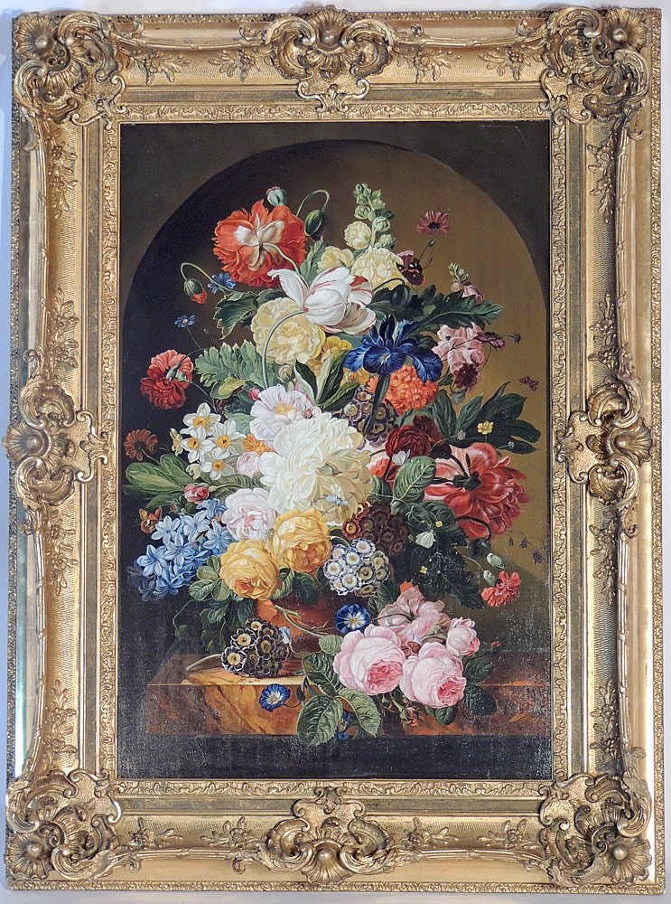 Continental School. Oil on Panel: 19th century Continental school. Oil on board floral still life. Marked lower center "Le. V. B.". In a carved gilt frame. Panel: 32-1/2" tall x 21-1/2" wide. Provenance: Andreas Antiques, London. 1989
