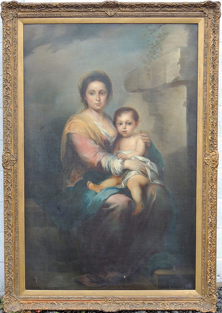 After Bartolome Esteban Murillo. Oil on Canvas.: After Bartolome Esteban Murillo. 19th century oil on canvas. "Virgen con el Nino (Madonna and Child). Unsigned. In a gilt frame. Canvas: 66" tall x 43" wide. Note: This painting is a copy of the Muril