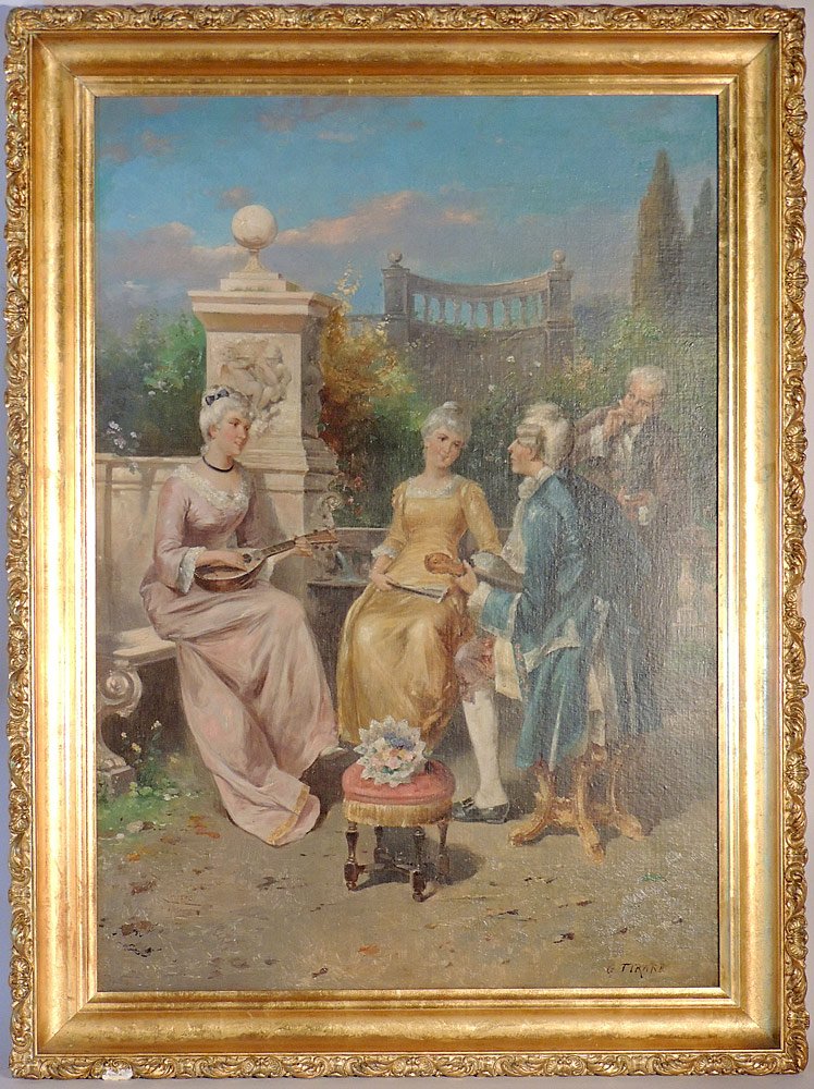 Continental School. Oil on Canvas.: Continental school. Oil on canvas of two couples playing music in a classical landscape. Signed lower right "G. Tirard". In a gilt frame. Canvas: 36-1/2" tall x 35-1/2" wide. Provenance: Swan Fine Art