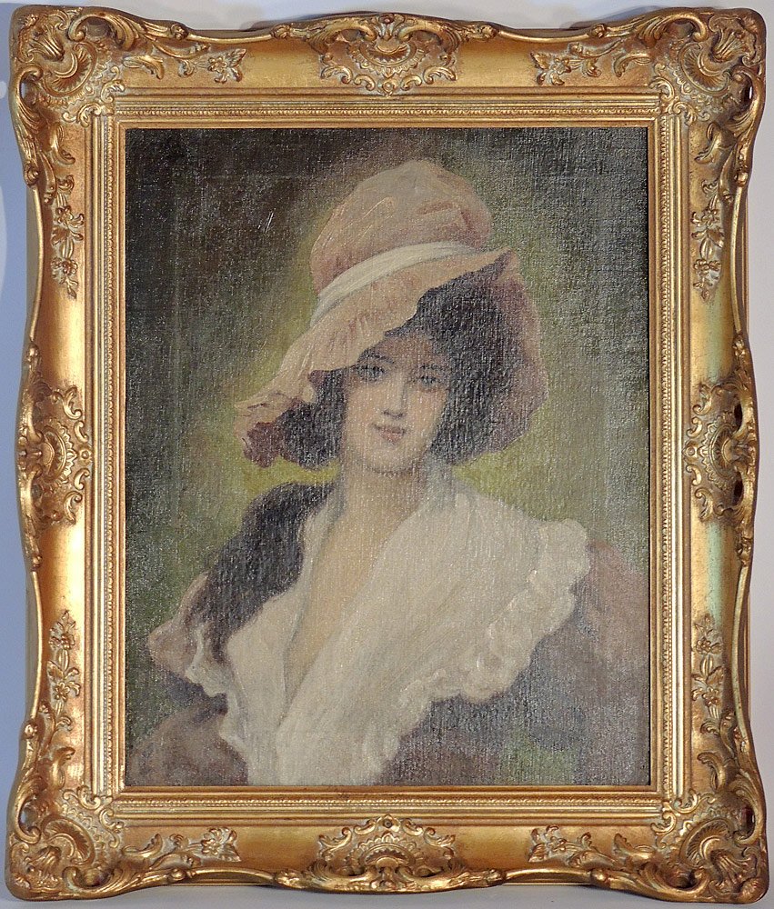 Cecilia Beaux. Oil on Canvas: Cecilia Beaux (Pennsylvania, 1855-1942). Oil on canvas portrait of a woman in a bonnet. Signed lower center "Cecilia Beaux". In a carved gilt frame. Canvas: 20" tall x 16" wide. Provenance: From a pro