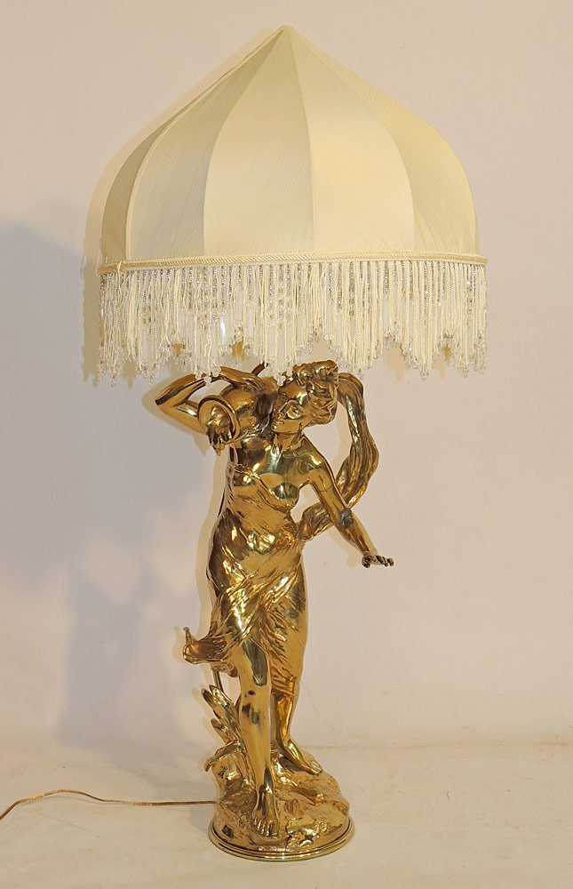 After Charles Perron. Bronze Figural Lamp: After Charles Perron. Gilt bronze figural lamp. "La Source". Female figural carrying an urn. Signed on base. Bronze 25-1/2" tall. Lamp 39-1/2" tall. Provenance: From a prominent Centreville, DE Estate