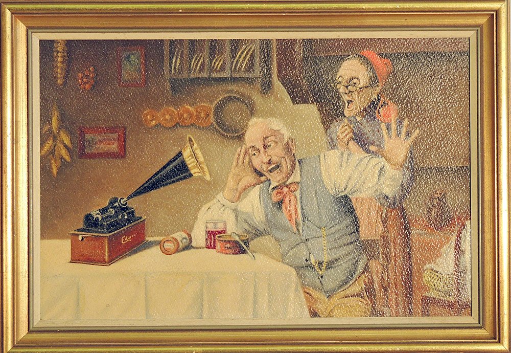 Unsigned Oil on Board: Unsigned oil on board of a couple listening to an Edison phonography. Newman gallery tag on back. 10-3/4" tall x 16-1/4" wide.