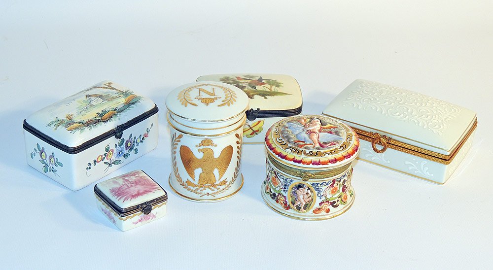 Collection of Porcelain Dresser Boxes: Collection of porcelain dresser boxes. To include Limoges and capodemonti. Limoges box: 5-1/4" wide x 3-1/2" deep.