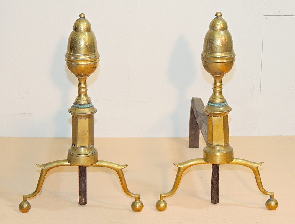 American Brass Andirons: American brass andirons. New England. 19th century. 16" tall x 9-1/2" wide.
