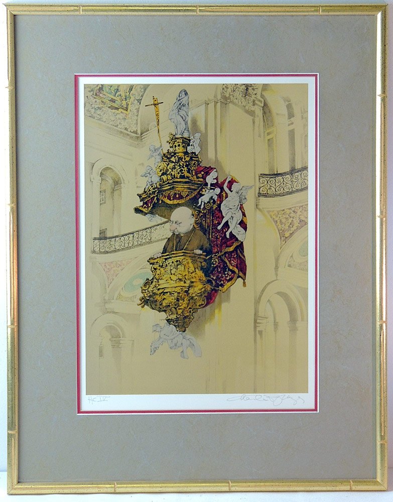 Charles Bragg Lithograph of Man in Pulpit: Charles Bragg. Lithograph depicting man in ornate pulpit. Signed in pencil and numbered HC IV. Framed under glass. Image: 13 x 10 in.