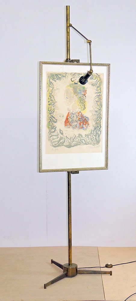 Arredoluce Modern-Design Easel Lamp: Arredoluce modern-design easel lamp. Brass and enameled aluminum. Makers mark on underside: "Made in Italy - Arredoluce Monza". 82 in.