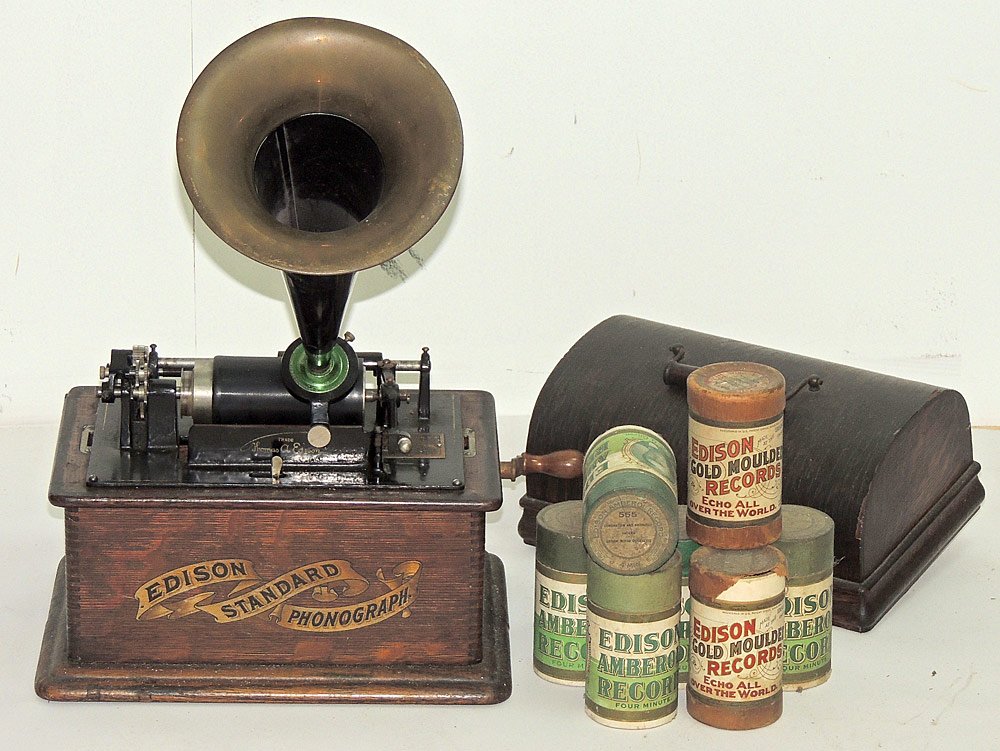 Edison Standard Phonograph: Edison Standard Phonograph with an oak case, horn, and seven cylinders. Case: 11 x 12 x 8 in.