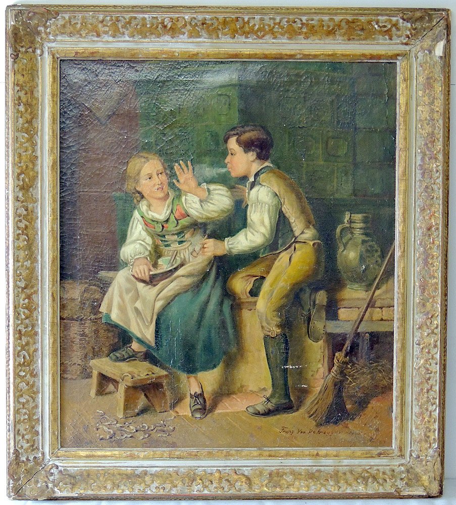 Franz Defregger Oil on Canvas, Genre Scene with Boy and: Franz Defregger (German, 1835-1921). Oil on canvas, genre scene with boy blowing pipe smoke onto girl. Signed lower right. In a gilt frame. 30-1/4 x 26-1/4 in.