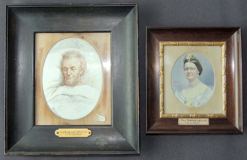 Two Miniature Portraits of Pres. and Mary Todd Lincoln: Two miniature portraits of President Abraham Lincoln and Mary Todd Lincoln, drawn on bone. Abraham Lincoln by Peter Kramer. Mary Todd Lincoln by Theo. Wust. Oval images: 4-1/2 x 3-1/4 in. and 3 x 2-3/