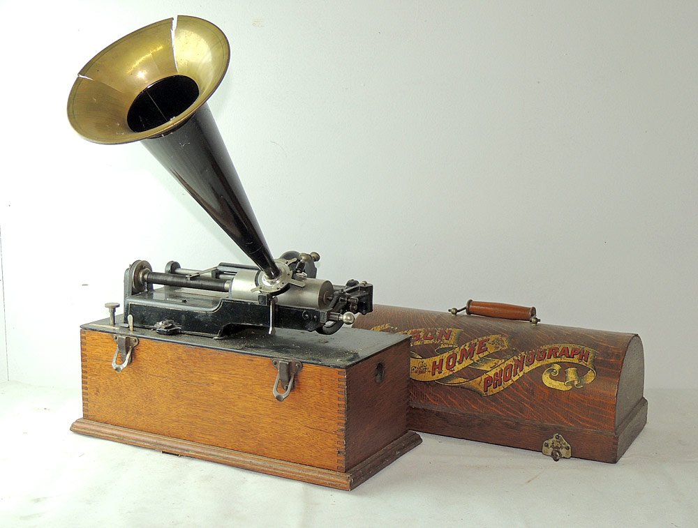 Oak Edison Home Phonograph: Oak Edison home phonograph with tin and brass horn. Case: 11-1/2 x 15 in.