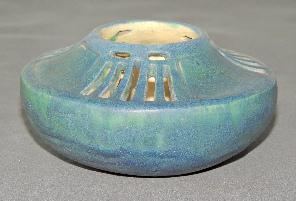 Arts and Crafts Pottery Bowl: Arts and Crafts earthenware pottery bowl with blue glaze and reticulated rim. Raised "S" mark. 3 in. tall, 5-1/2 in. diameter.