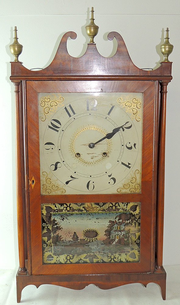 Chauncey and Ives Pillar and Scroll Mantel Clock: Chauncey and Ives pillar and scroll mantel clock with reverse-painted panel and hand-painted wood dial. Brass works. 31-1/2 x 16-1/2 in.