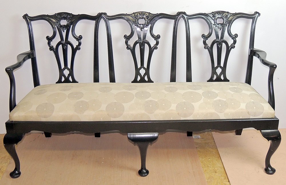 Chippendale-style Triple Chairback Settee: Chippendale-style triple chairback settee. Painted black with re-upholstered seat. 35 x 63 x 18 in.