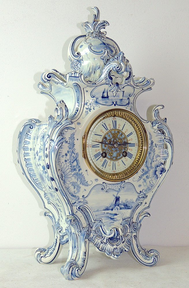 Royal Bonn Delft Mantel Clock: Mantel clock with Royal Bonn Delft case. Dial marked J.E. Caldwell and Co., Philadelphia. French marked works. 17 x 9 x 6 in.