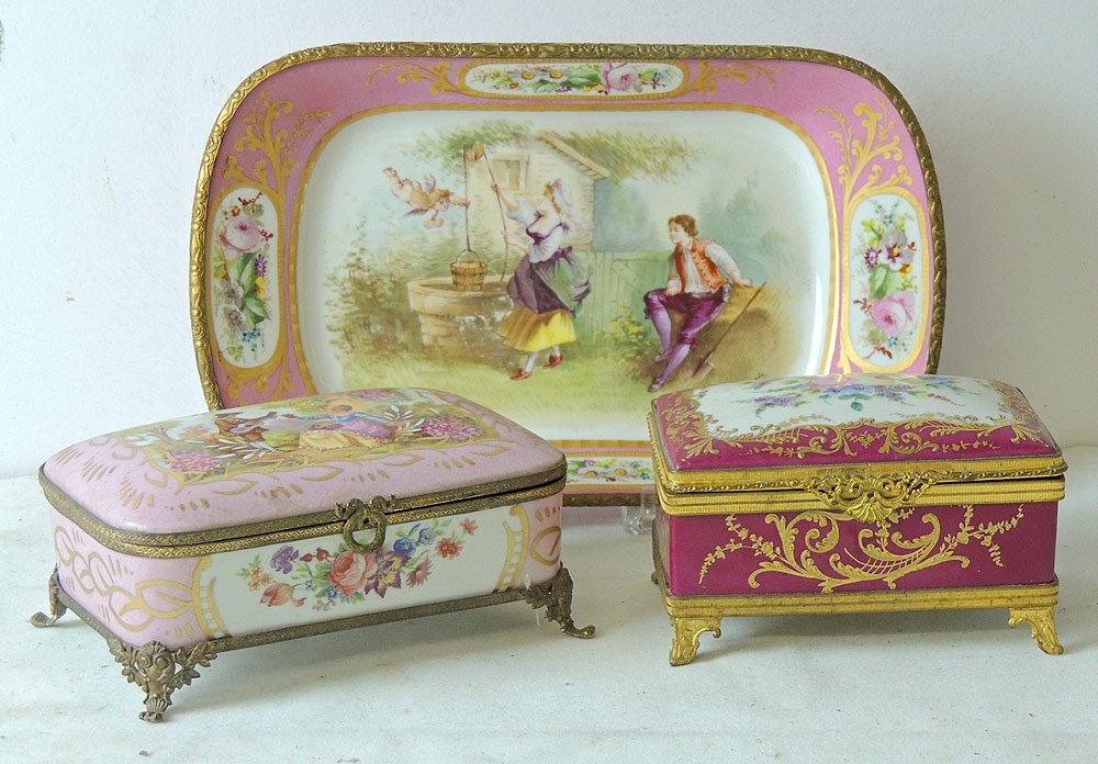 Three Pieces of French Porcelain: Assembled grouping of three pieces of French porcelain: SÃ¨vres dresser box and bureau tray, each with gilt mounts; Limoges dresser box with gilt mounts. Tray: 11-1/4 x 7 in.
