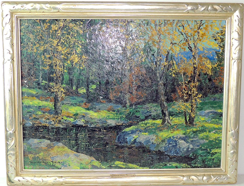 Marion Gray Traver, Oil/Board Landscape: Marion Gray Traver (New York 1892-1964). Oil on board impressionist landscape, titled "Autumn Memory". Signed lower left "Marion Gray Traver". 18 x 24 in.