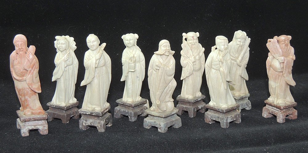 Nine Asian Soapstone Immortal Carvings: Nine soapstone carvings of Asian Immortal deities. 4 in.
