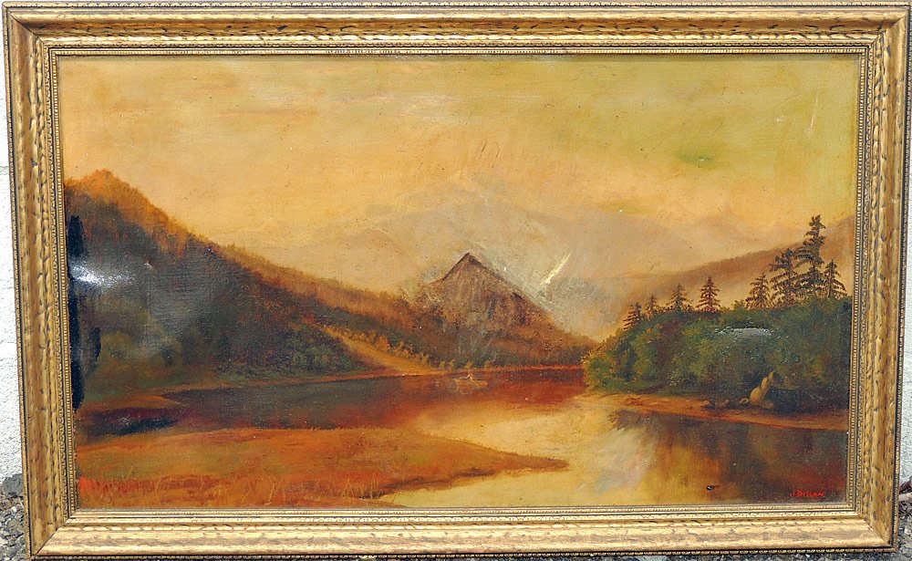 Hudson River School Oil/Canvas, Landscape: Hudson River School oil on canvas, mountain landscape with lake and figure in canoe. Signed lower right "J. Dillon". 18 x 30 in.
