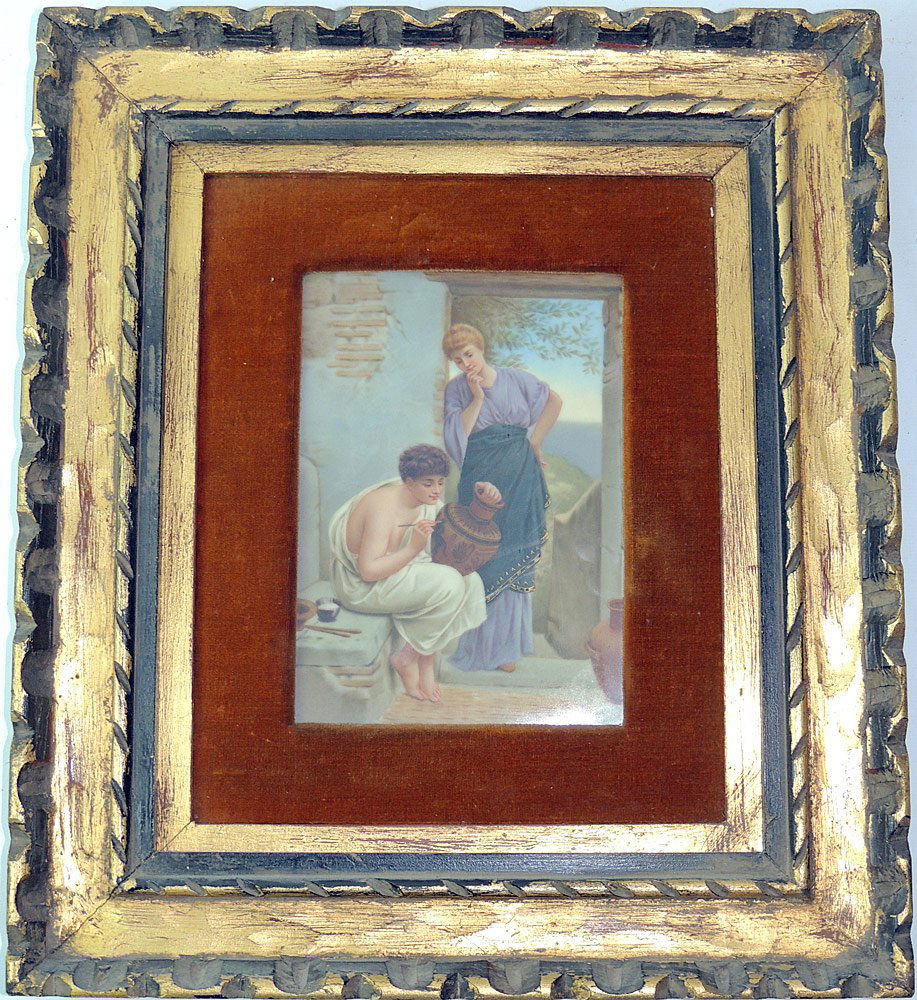 German Painted Porcelain Plaque, Artist: German painted porcelain plaque depicting a man painting a classical urn while a woman looks on. Marked on back "Made in Germany". 7-1/2 x 5-1/4 in.