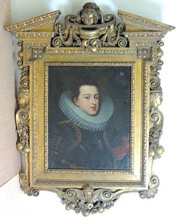 Dutch School, Oil/Canvas Portrait of Gentleman: Dutch school, 17th Century. Oil on canvas portrait of a gentleman. Monogrammed "AM" upper right. In a heavily carved antique gilt frame with cherubs. Canvas: 28 x 20-1/4 in. Frame: 52 x 34-1/2 in.