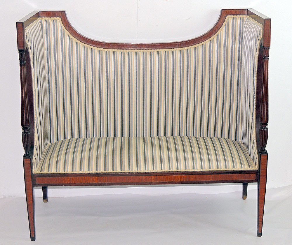 Federal Settee: Federal settee with a banded-mahogany frame and upholstered high back. 44 x 47 x 21 in.