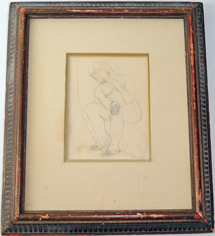 Max Weber Pencil Sketch: Seated Female Nude: Max Weber (American, 1881-1961). Pencil sketch of a seated female nude. Signed lower right "Max Weber". Matte opening: 5-1/2 x 4-1/8 in.