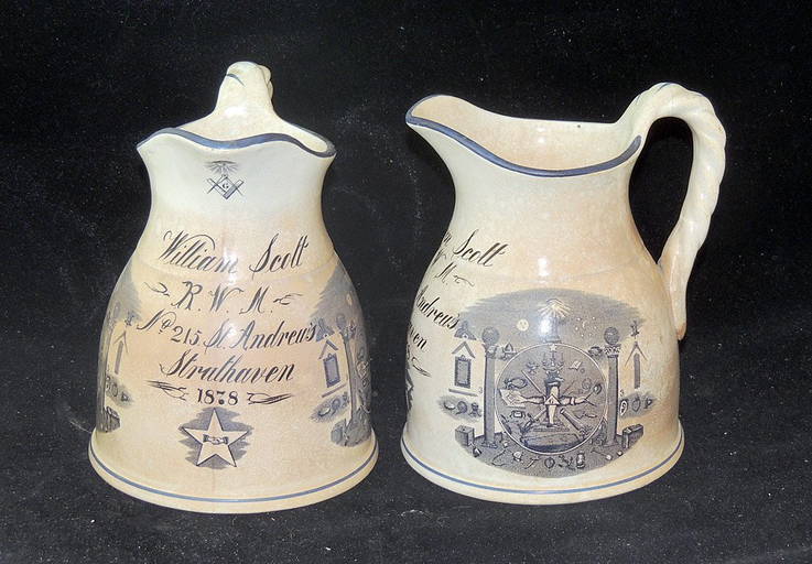 Two 19th C. Masonic Ironstone Pitchers