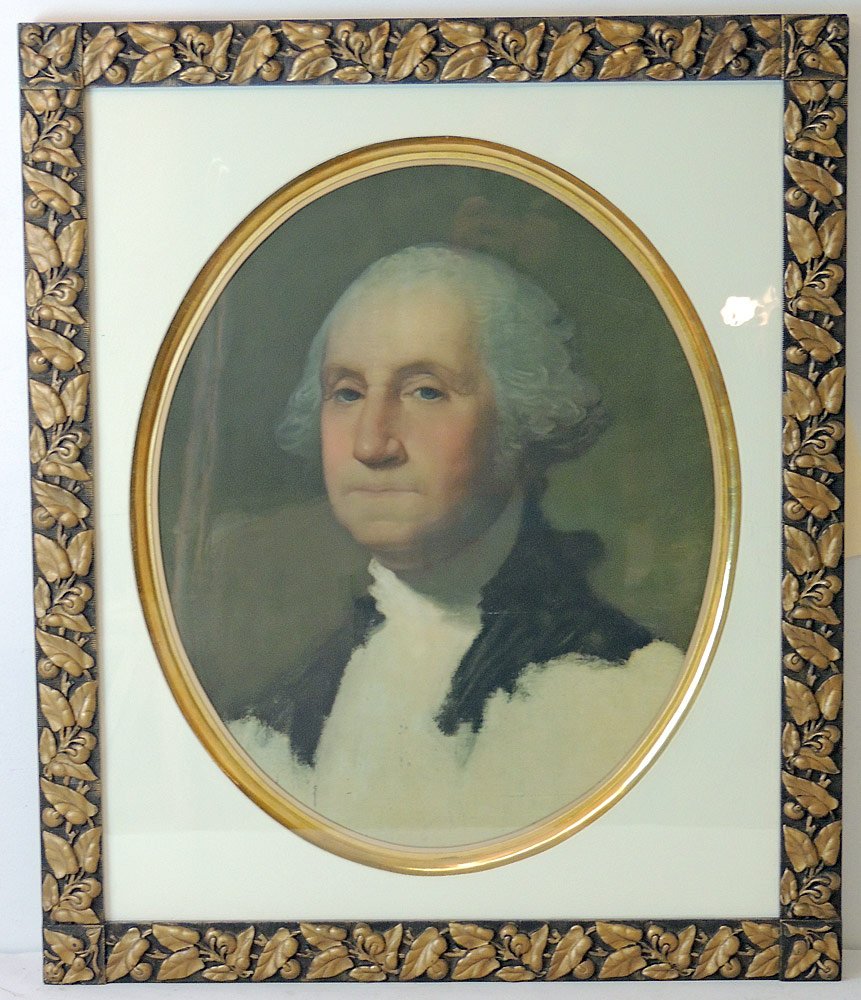 George Washington Portrait Lithograph: After Gilbert Stuart. George Washington portrait lithograph, in an antique gilt frame. Matte opening: 21-1/2 x 17 in.