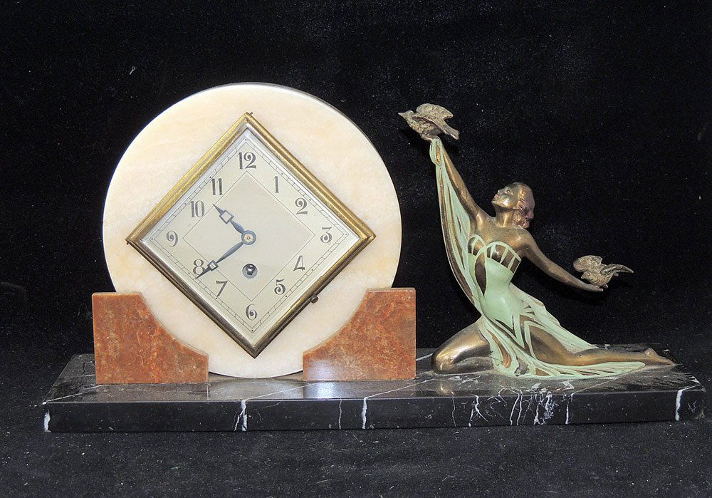 Art Deco Figural Mantel Clock: Woman with Doves (1 of 3)