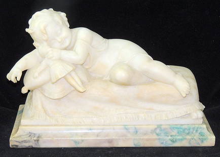 Dante Zoi Alabaster Figure Grouping: Sleeping Girl: Dante Zoi (Italian, 19th/20th Century). Carved alabaster figure grouping of a sleeping girl holding a doll. On a raised alabaster base. Signed "D. Zoi Firenze." H: 9-1/2 in. W: 15 in. D: 7-1/4 in.