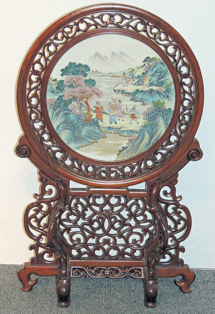 Large Chinese Hardwood and Porcelain Table Screen (1 of 2)