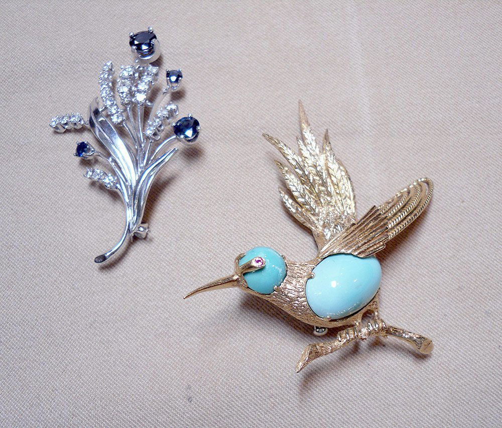 Two Gold Pins: Floral Sprig and Bird (1 of 1)