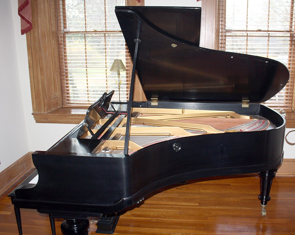Bluthner Baby-grand Piano: Bluthner baby-grand piano with an ebonized case over turned, tapering fluted legs on casters. With dehumidifier. Length: 75 in.