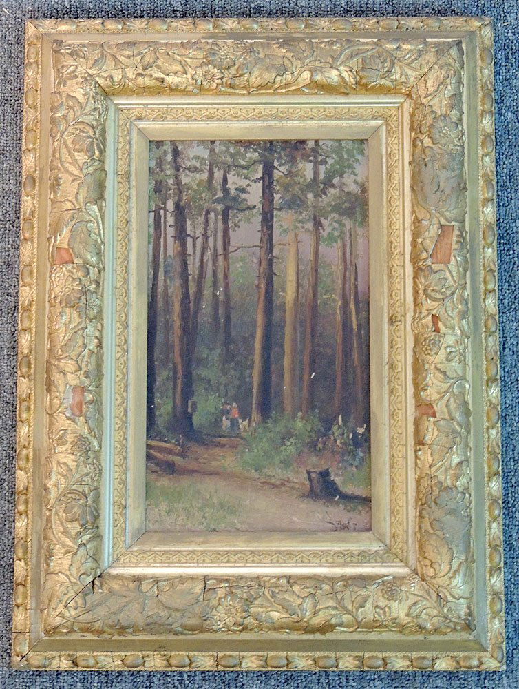 Alexander Charles Stuart Oil on Board: Landscape: Alexander Charles Stuart (Scottish/Pennsylvania, 1831-1898). Oil on board, landscape with figures. Signed lower right "Stuart. Gilt framed. 12-1/4 x 7 in.