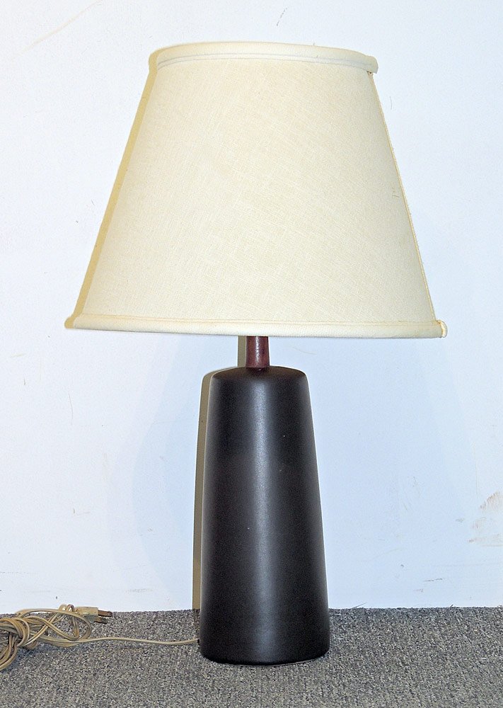 Martz Pottery and Teak Table Lamp: Gordon and Jane Martz slate-glazed pottery lamp with turned teak shaft, cloth shade, and teak finial. Base is signed. H 23 in.